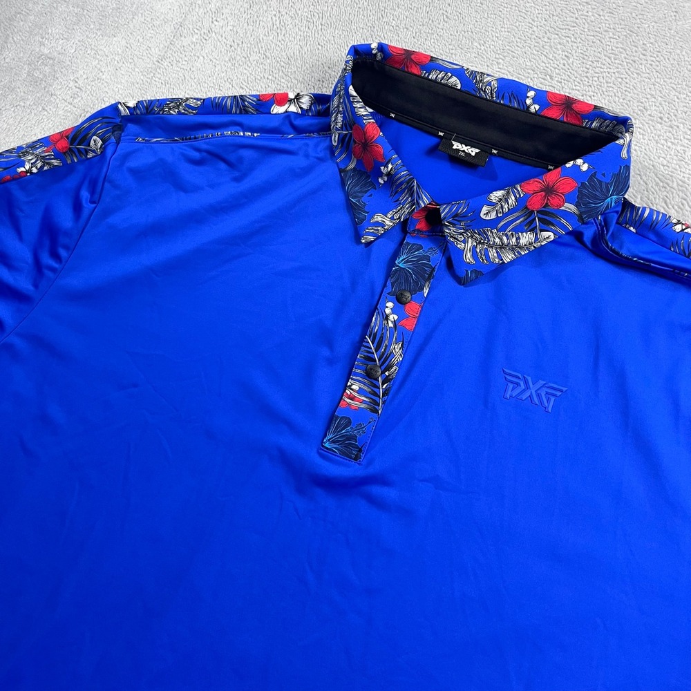 PXG Mens Aloha Polo Shirt 2XL Blue Floral Tropical Golf Performance Short Sleeve
